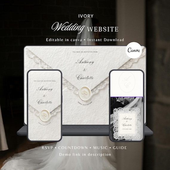 Ivory Minimal Wedding Website Template with RSVP, Music and Countdown Timer: DIY Canva Template (Digital Download)