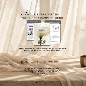 May include: A digital guide book and step-by-step tutorial set for invitation templates. The text reads: NO GUESSWORK NEEDED! YOU'LL GET A COMPLETE GUIDE... HONEYCLOUDTEMPLATES, GUIDE BOOK, Step-by-step written guides, OR I CAN EDIT IT FOR YOU.