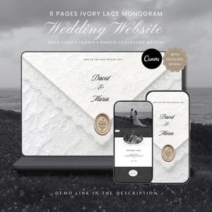 Könnte beinhalten: Eine 6-seitige Hochzeits-Website-Vorlage mit elfenbeinfarbenem Spitzen-Monogramm, Umschlag-Enthüllung, RSVP, Countdown und Fotobereichen. Das Design zeigt die Namen David & Maria mit einem floralen Wachssiegel auf Laptop- und Smartphone-Bildschirmen.