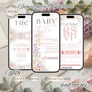 May include: Digital baby shower invitation template on three smartphones. The design features floral accents, soft colors, and the text "Baby in bloom." Includes RSVP, countdown, and music options. The invitation is customizable with Canva.
