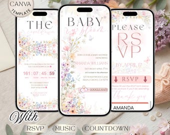 Editable Baby in Bloom Digital Baby Shower Invitation with RSVP Link, Spring Wildflower Invite for Girl, Butterfly Baby Canva Template DI28