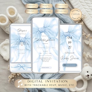 May include: Digital baby shower invitation template displayed on three smartphones. The design features a light blue bow and elegant script. The invitation includes details for a diaper raffle, the date, and RSVP information. The words "Digital Invitation" are also visible.