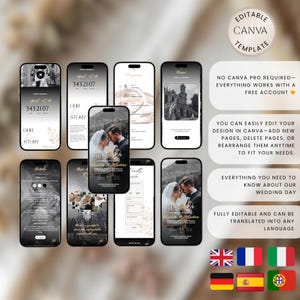 May include: A collection of smartphones displaying wedding-themed templates. The screens feature images of a couple, event details, and the text "Our Story." The design includes floral accents and the text "Editable Canva Template."