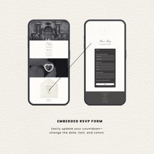 May include: Two smartphones displaying a digital wedding invitation website. The left screen shows a photo of a building, a heart-shaped ring, and an envelope. The right screen shows an embedded RSVP form with the text Please Rsvp and a submit button.