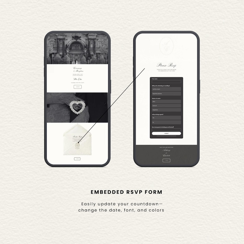 May include: Two smartphones displaying a digital wedding invitation website. The left screen shows a photo of a building, a heart-shaped ring, and an envelope. The right screen shows an embedded RSVP form with the text Please Rsvp and a submit button.