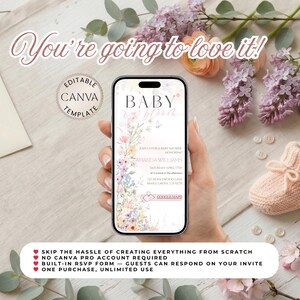 May include: A smartphone screen shows a baby shower invitation with floral designs and the words "Baby is Blooming." The invitation includes event details and a Google Maps link. The image also features the text "You're going to love it!" and "Editable Canva Template."