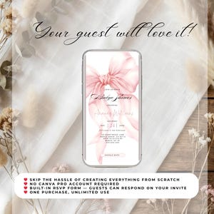 May include: A smartphone screen shows a baby shower invitation with a pink bow design. The invitation includes the text "Join us for a Baby Shower" and details for Amanda Williams' shower. The image also includes the text "Your guest will love it!"