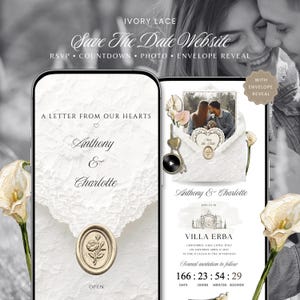 Puede incluir: Dos teléfonos inteligentes muestran un sitio web de Save The Date de encaje marfil con función de revelación de sobre. Las pantallas muestran los nombres Anthony y Charlotte, un temporizador de cuenta regresiva y detalles de una boda en Villa Erba.