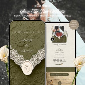 Invitation de mariage en ligne vert olive « Save the Date » avec révélation de l'enveloppe, modèle Canva, RSVP, vidéo ou photo (téléchargement numérique)