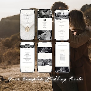 May include: Six smartphone screens displaying a digital wedding guide. The screens feature white backgrounds with black text, wedding photography, and a gold wax seal graphic. The text includes "A Letter From Our Hearts," "David & Maria," and "Your Complete Wedding Guide" at the bottom.