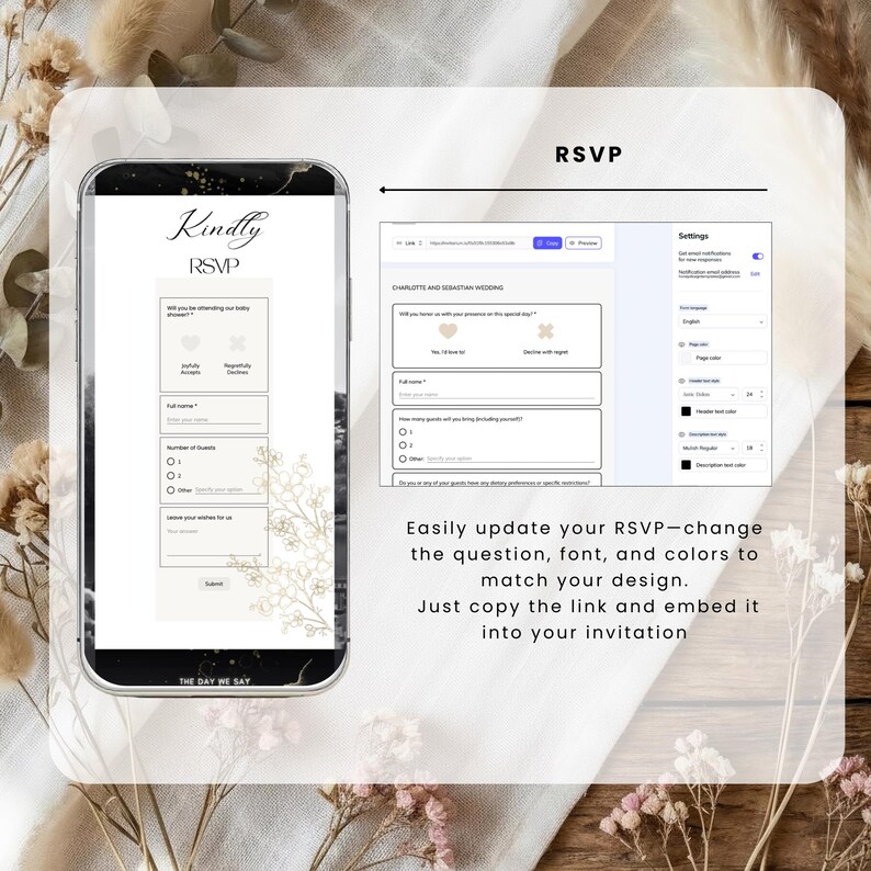 May include: A smartphone screen and a computer screen displaying RSVP forms. The smartphone shows a form with fields for name, number of guests, and wishes. The computer screen shows a form with customization options.