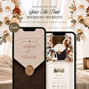 May include: Two smartphones displaying a brown and beige wedding website template. The screens feature floral accents, a wax seal graphic, a countdown timer, and the text "Save The Date" with the names "Anthony & Charlotte" in elegant script.