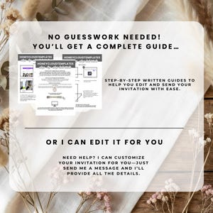May include: A digital guide with the text "NO GUESSWORK NEEDED! YOU'LL GET A COMPLETE GUIDE..." and "STEP-BY-STEP WRITTEN GUIDES TO HELP YOU EDIT AND SEND YOUR INVITATION WITH EASE." The guide also states "OR I CAN EDIT IT FOR YOU."