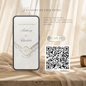 May include: A smartphone screen displays a digital wedding invitation for Anthony and Charlotte, featuring a textured paper background, a lace-trimmed envelope, and a wax seal. Text reads: TRY DEMO ON YOUR PHONE, SCAN ME, and a QR code for interactive features.
