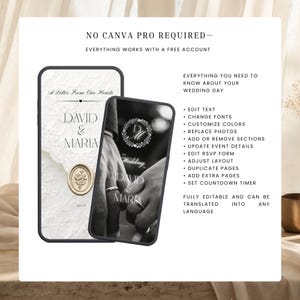 May include: Two smartphones displaying wedding invitation templates with text reading A Letter From Our Hearts, David & Maria, and The Wedding of David & Maria. The list includes features like edit text, change fonts, and set countdown timer.