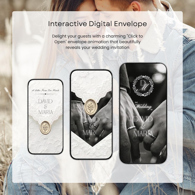 May include: Three smartphones displaying an interactive digital wedding invitation. The screens show a white lace envelope with a gold wax seal, and a black and white photograph of hands with wedding rings, featuring the text David & Maria.