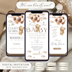 Op de afbeelding: Digitale babyborrel uitnodigingssjablonen op smartphones. Het ontwerp toont een teddybeer met ballonnen, met de tekst "We can bearly wait BABY". Inclusief RSVP, kaarten en countdown functies. De uitnodiging is aanpasbaar.