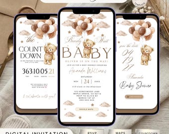 Editable Teddy Bear Baby Shower Invitation, Boho We Can Bearly Wait Website (Digital Download)