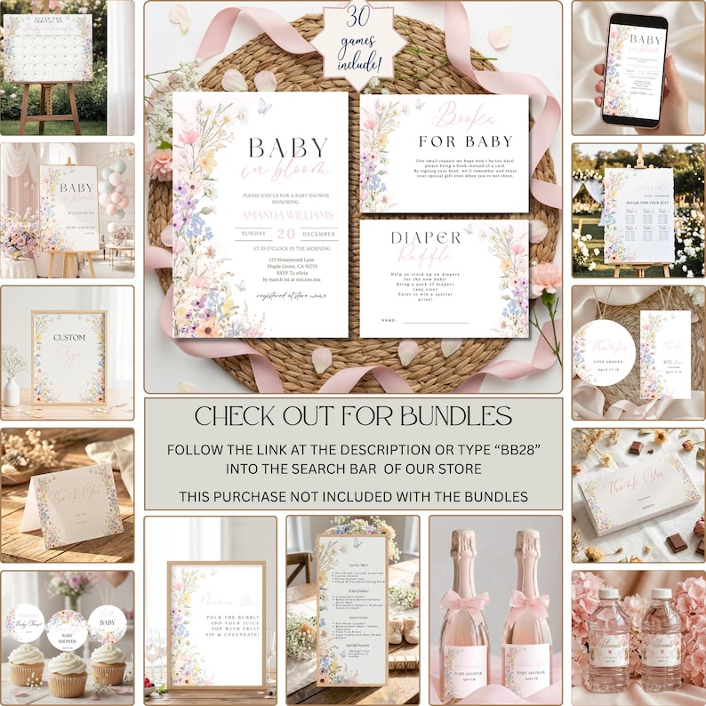 May include: Baby shower stationery set with floral and butterfly designs. The image shows invitations, signs, and cards with text such as "Baby in Bloom" and "Diaper Raffle." Also includes champagne bottles and cupcakes. The text says "30 games included."