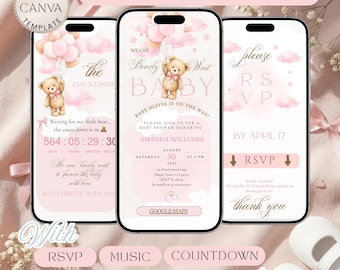 Baby Shower Invitation Template - Pink Teddy Bear Invite - Editable Digital Invite with Clickable RSVP - We Can Bearly Wait Website DI28