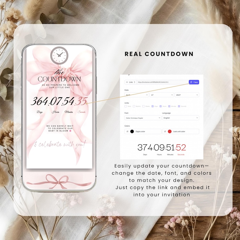 Pink Bow Baby Shower Invitation, Coquette Style, Interactive Website (Digital Download) BS02
