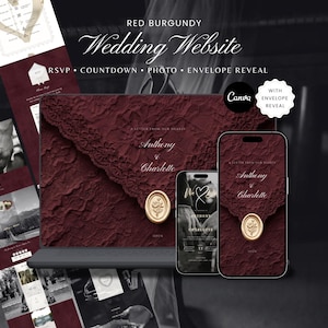 Peut inclure: Un modèle de site web de mariage numérique en bordeaux profond avec un design d'enveloppe texturé en dentelle et un sceau de cire doré. L'écran affiche les noms Anthony et Charlotte, avec des vues mobiles pour RSVP, compte à rebours et photos.