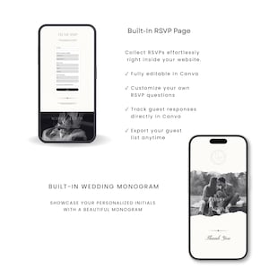 May include: Two smartphones displaying digital wedding website templates. The left screen shows an RSVP form with the text PLEASE RSVP. The right screen displays a black and white photo of a couple with the text Thank You at the bottom.