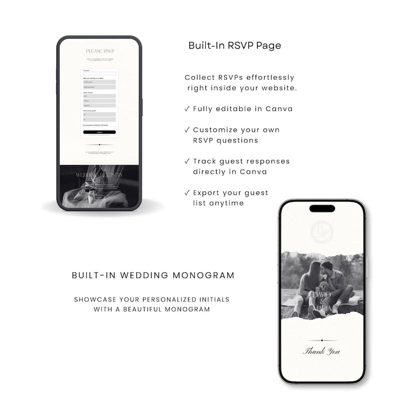 May include: Two smartphones displaying digital wedding website templates. The left screen shows an RSVP form with the text PLEASE RSVP. The right screen displays a black and white photo of a couple with the text Thank You at the bottom.