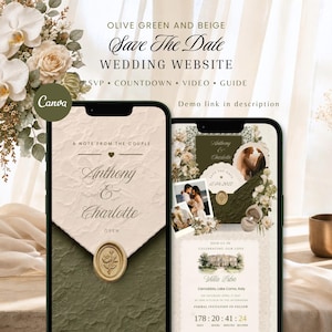 Puede incluir: Dos teléfonos inteligentes muestran una plantilla de sitio web de bodas en verde oliva y beige. Las pantallas presentan gráficos florales, fotos de una pareja, una ilustración de sello de cera y texto que incluye "Save The Date", "Anthony & Charlotte" y "Villa Erba".