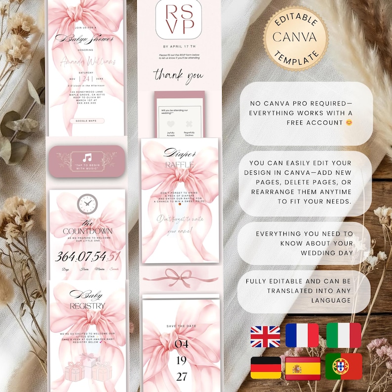 Pink Bow Baby Shower Invitation, Coquette Style, Interactive Website (Digital Download) BS02
