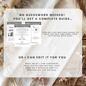 May include: A white graphic with text that reads "NO GUESSWORK NEEDED! YOU'LL GET A COMPLETE GUIDE..." and "STEP-BY-STEP WRITTEN GUIDES TO HELP YOU EDIT AND SEND YOUR INVITATION WITH EASE." The graphic also says "OR I CAN EDIT IT FOR YOU."