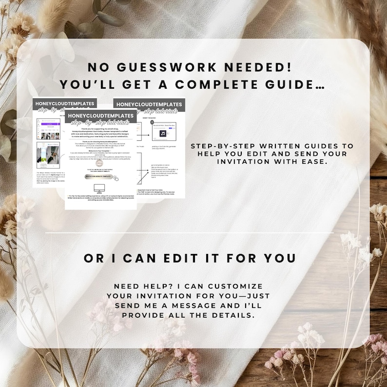 May include: A white graphic with text that reads "NO GUESSWORK NEEDED! YOU'LL GET A COMPLETE GUIDE..." and "STEP-BY-STEP WRITTEN GUIDES TO HELP YOU EDIT AND SEND YOUR INVITATION WITH EASE." The graphic also says "OR I CAN EDIT IT FOR YOU."