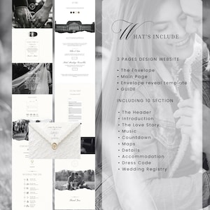 May include: A digital wedding website template featuring three pages, an envelope reveal, and a guide. The design includes ten sections: header, introduction, love story, music, countdown, maps, details, accommodation, dress code, and wedding registry.