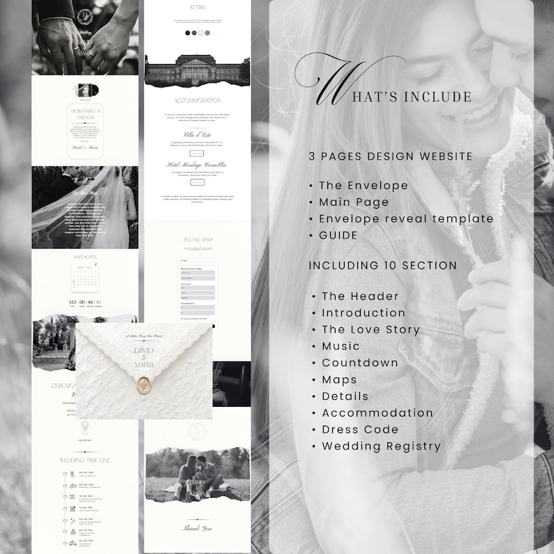 May include: A digital wedding website template featuring three pages, an envelope reveal, and a guide. The design includes ten sections: header, introduction, love story, music, countdown, maps, details, accommodation, dress code, and wedding registry.