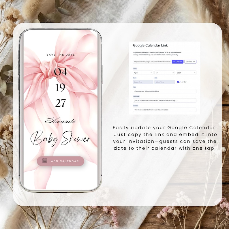 Pink Bow Baby Shower Invitation, Coquette Style, Interactive Website (Digital Download) BS02