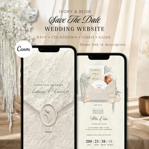 Könnte beinhalten: Zwei Smartphones zeigen eine Hochzeits-Website-Vorlage in Elfenbein und Beige. Die Bildschirme enthalten Text wie Save The Date, Wedding Website, RSVP, Countdown, Video, Guide, A Note from the Couple, Anthony & Charlotte und Silla Erba.