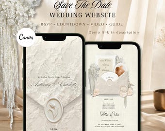White Ivory and Beige Save The Date Wedding Website Invitation, Canva Template, RSVP, Video or Photo (Digital Download)
