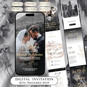 May include: Digital wedding invitation on a smartphone screen. The invitation features a photo of a couple, event details, and RSVP information. Additional screens show wedding program, love story, and save the date details.
