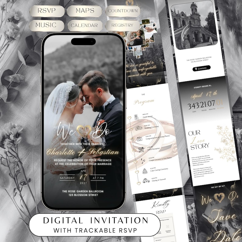 May include: Digital wedding invitation on a smartphone screen. The invitation features a photo of a couple, event details, and RSVP information. Additional screens show wedding program, love story, and save the date details.