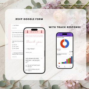 May include: Two smartphones showing an RSVP Google Form and response tracking data. The RSVP form includes fields for name and attendance, with a "thank you" message. The tracking app displays a pie chart and bar graph.