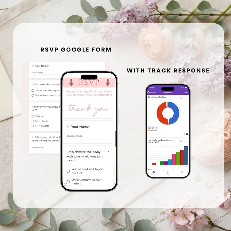 May include: Two smartphones showing an RSVP Google Form and response tracking data. The RSVP form includes fields for name and attendance, with a "thank you" message. The tracking app displays a pie chart and bar graph.