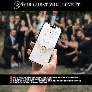 May include: A smartphone screen displays a digital wedding invitation with a textured white envelope graphic, a gold wax seal featuring a rose, and the text A Letter From Our Hearts, David & Maria. The screen also includes the word OPEN at the bottom.