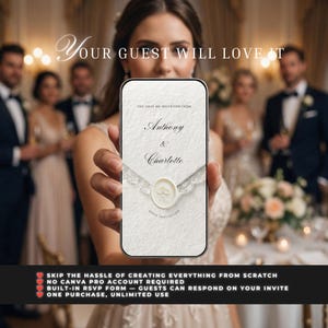 May include: A digital wedding invitation template displayed on a smartphone screen, featuring a textured white background, a lace-trimmed envelope graphic, and a central wax seal. The text reads: You have an invitation from Anthony & Charlotte.