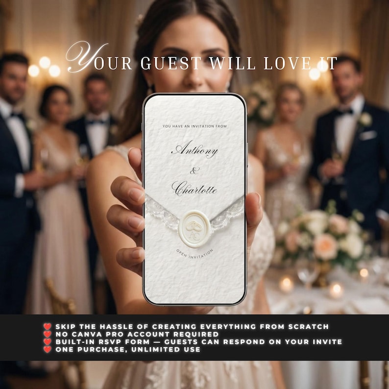 May include: A digital wedding invitation template displayed on a smartphone screen, featuring a textured white background, a lace-trimmed envelope graphic, and a central wax seal. The text reads: You have an invitation from Anthony & Charlotte.