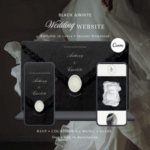 以下が含まれることがあります： ノートパソコンと2台のスマートフォンに表示された白黒の結婚式ウェブサイトテンプレート。ダークな質感の背景、白いワックスシールが付いた封筒のグラフィック、Anthony & Charlotteというテキストが特徴です。出欠確認、カウントダウン、音楽、ガイドのセクションが含まれています。