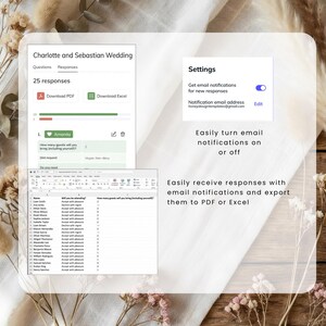 May include: Screenshots of a wedding response form, settings, and an Excel sheet. The form shows 25 responses, with options to download as PDF or Excel. Settings allow email notifications. Text includes "Charlotte and Sebastian Wedding".