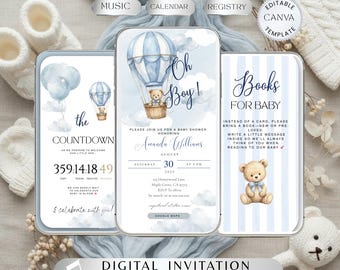 Blue Teddy Bear Balloon Baby Shower Digital Invite, website invitation, Canva editable, clickable RSVP and registry, map links, Oh baby BS05