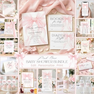 Editable Pink Bow Baby Shower Bundle Templates, Baby Girl Cute Ribbon Coquette Baby Invitation, Signs, Instant Download Canva Printable BB70
