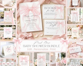 Editable Pink Bow Baby Shower Bundle Templates, Baby Girl Cute Ribbon Coquette Baby Invitation, Signs, Instant Download Canva Printable BB70
