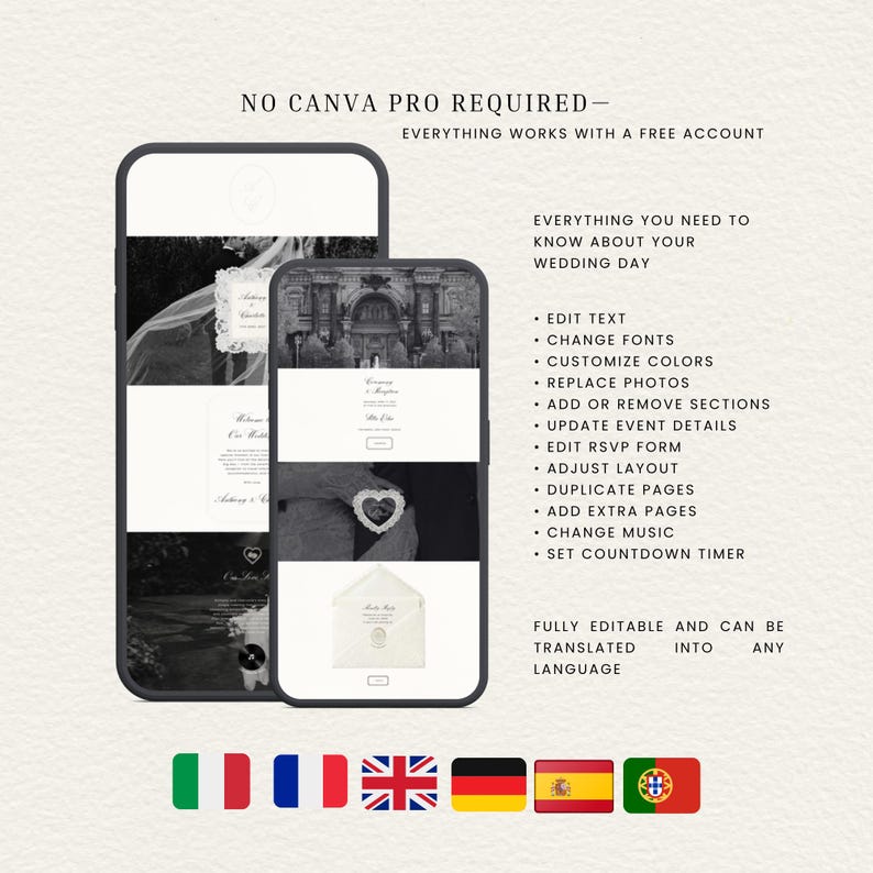 May include: Two smartphones displaying a wedding website template with black and white imagery. Text includes NO CANVA PRO REQUIRED, EVERYTHING WORKS WITH A FREE ACCOUNT, and a list of editable features like edit text, change fonts, and customize colors.